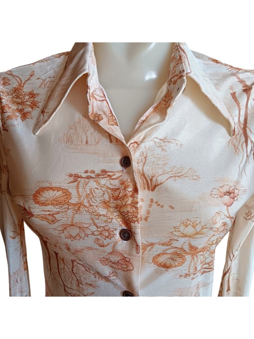 True Vintage Disco Top Medium Floral Print Satin Acetate Blouse Nature Print 70s